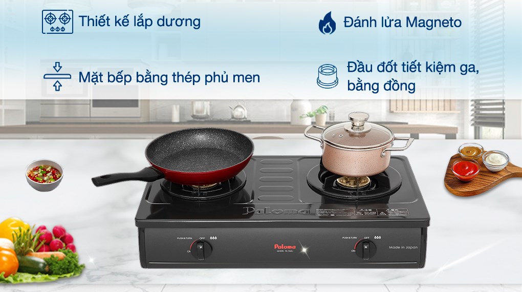 Bếp Paloma PA-7MEJ với mặt men đen bóng, khung bếp kín toàn diện