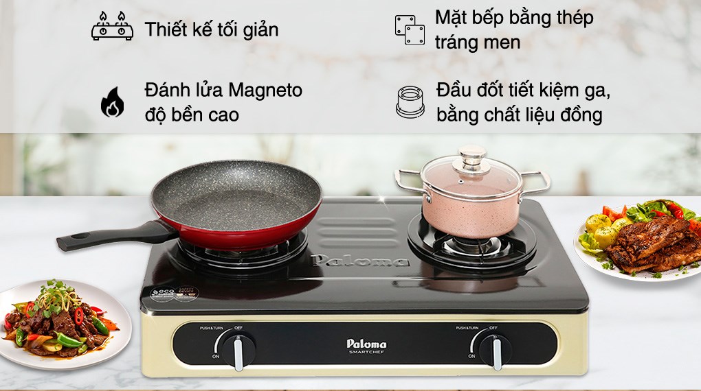Bếp ga Paloma PA-V71EG với 2 lò nấu, mặt men đen bóng, kiểu dáng gọn gàng