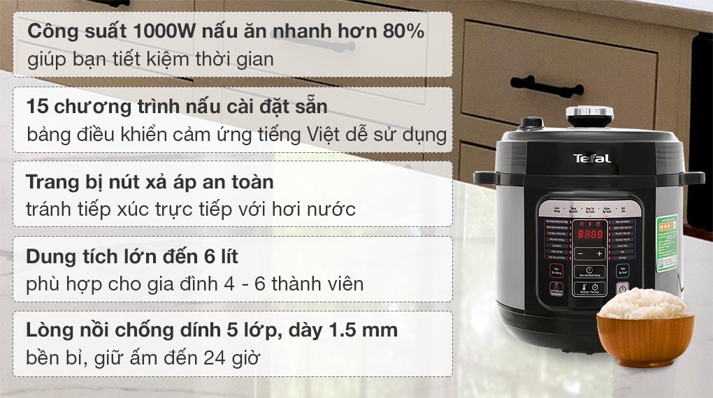 Nồi Tefal CY601868 6 lít, 15 chương trình nấu, lòng nồi chống dính 5 lớp