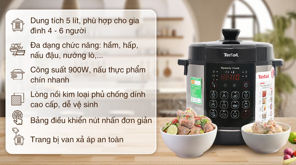 Nồi Tefal CY222D68 5 lít van xả tự động, kèm phụ kiện nấu đa dạng