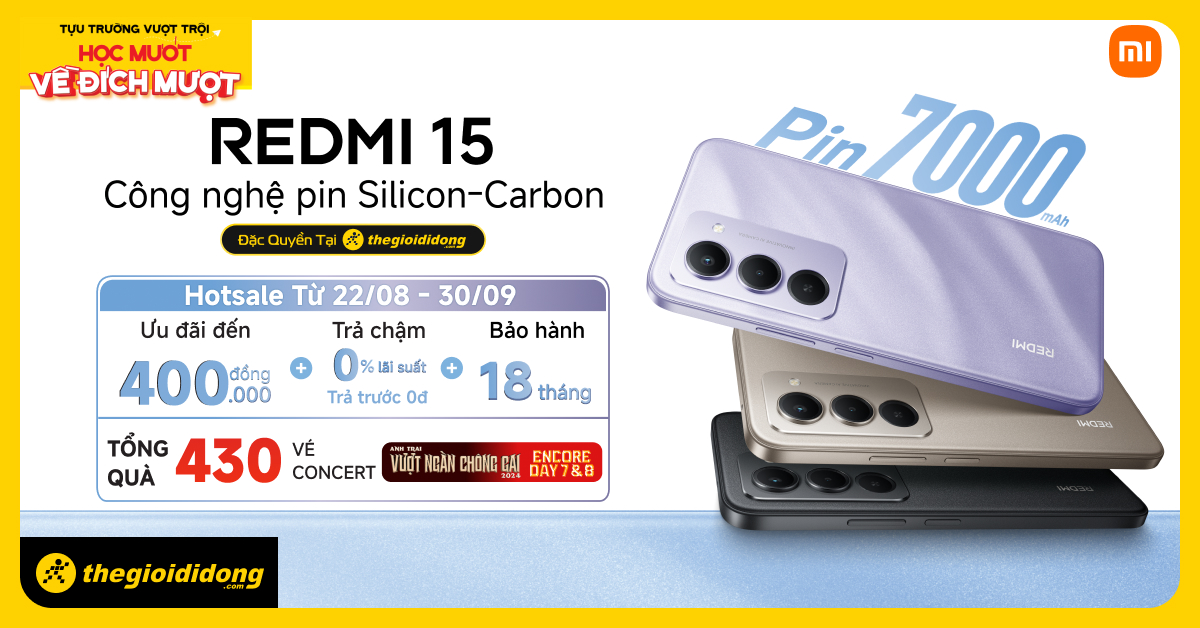 Hotsale mở bán Redmi 15: Ưu đãi đến 400K, giảm thêm 100K cho HSSV, tài xế công nghệ Hotsale mở bán Redmi 15: Ưu đãi đến 400K, giảm thêm 100K cho HSSV, tài xế công nghệ