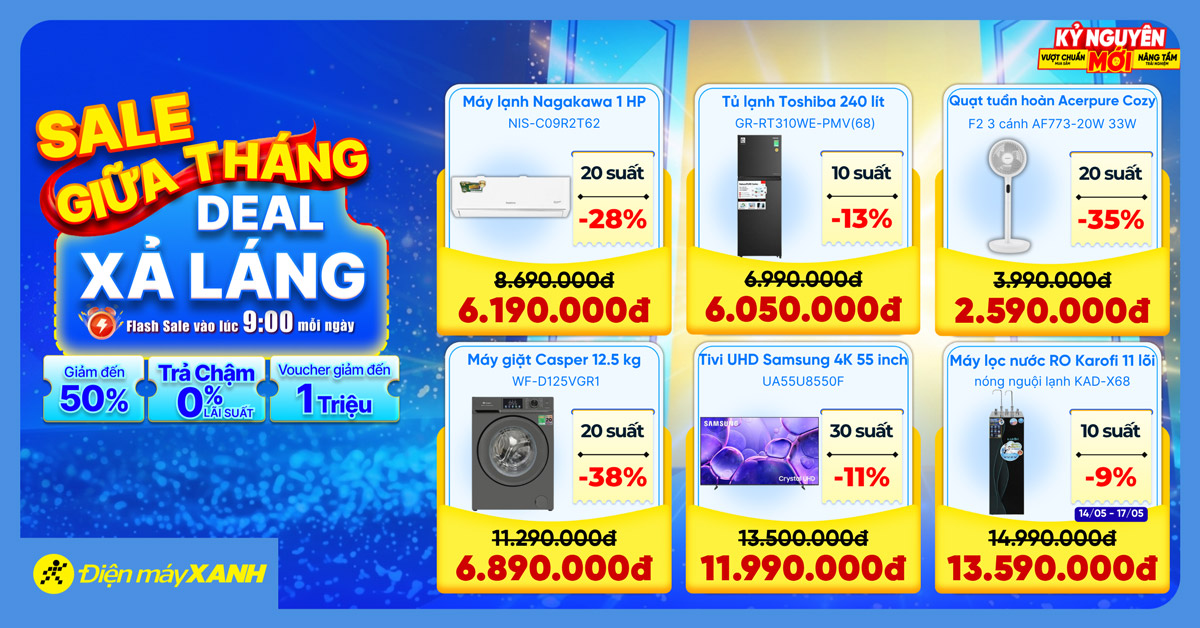 Sale Giữa Th&aacute;ng - Deal Xả L&aacute;ng: Điện m&aacute;y XANH giảm đến 50% cho tivi, tủ lạnh, m&aacute;y lạnh, m&aacute;y giặt v&agrave; h&agrave;ng ng&agrave;n đồ gia dụng