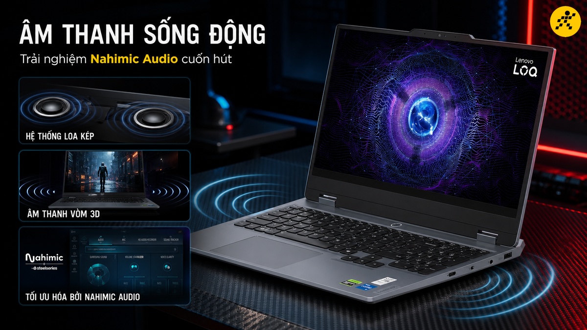 Laptop Lenovo LOQ màu xám bạc đang mở, màn hình hiển thị hiệu ứng âm thanh sống động màu tím xanh. Bên cạnh là các minh họa về hệ thống loa kép, âm thanh vòm 3D và giao diện phần mềm Nahimic Audio.