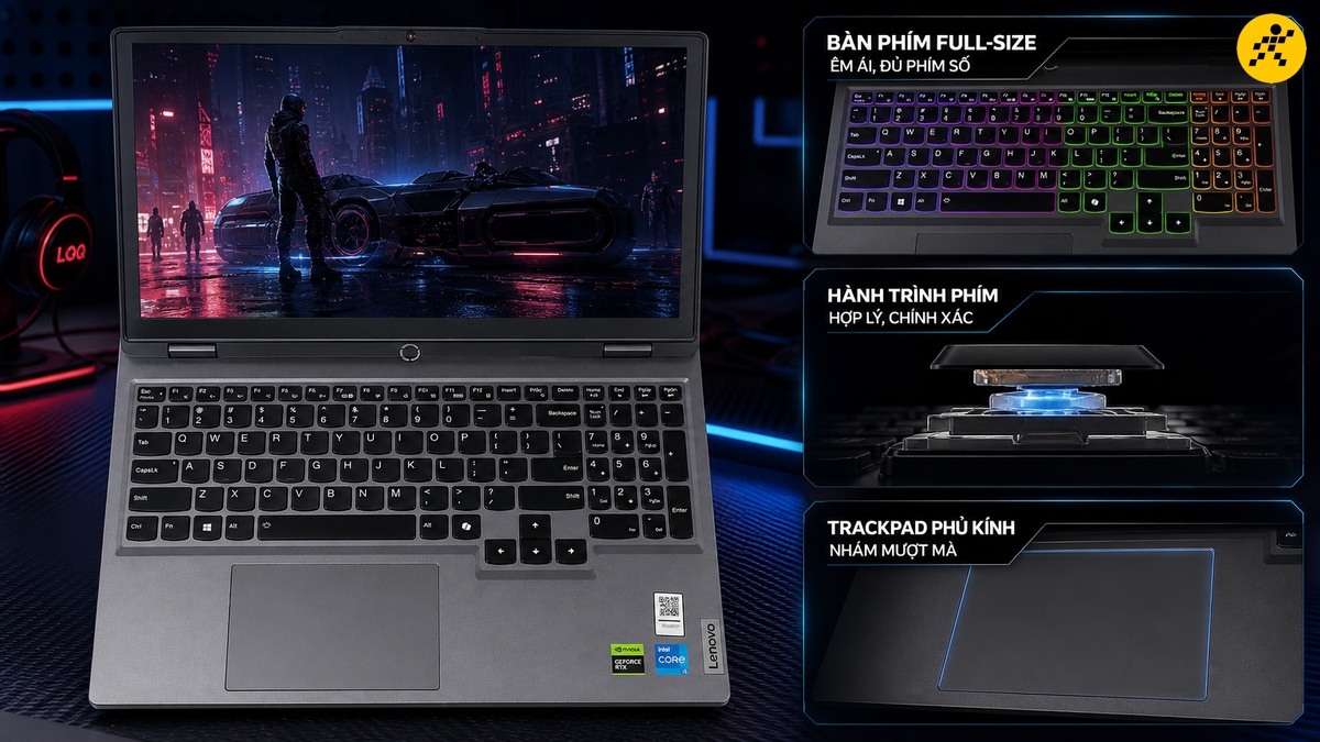 Laptop gaming Lenovo LOQ màu xám bạc hiển thị cảnh game hành động trên màn hình, bên cạnh là tai nghe gaming. Các tính năng nổi bật của máy bao gồm bàn phím full-size có đèn nền RGB, cơ chế hành trình phím tối ưu và trackpad phủ kính nhám.