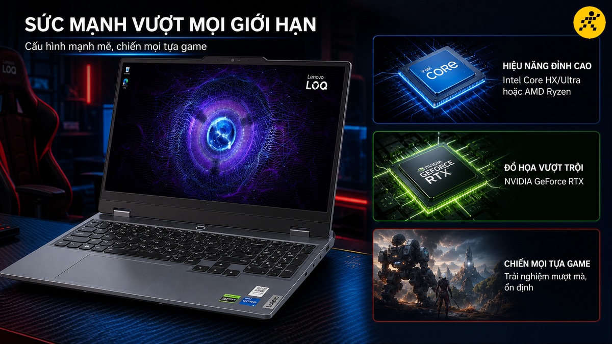 Laptop gaming Lenovo LOQ màu xám đặt trên bàn làm việc tối màu, màn hình hiển thị hình ảnh đồ họa trừu tượng màu tím và xanh dương. Phía sau là ghế gaming màu đỏ với ánh sáng neon mờ. Bên phải laptop là ba khung thông tin nổi bật: chip Intel Core với dòng chữ "Hiệu năng đỉnh cao", chip NVIDIA GeForce RTX với "Đồ họa vượt trội" và một cảnh game hành động với "Chiến mọi tựa game". Bàn phím màu đen và touchpad lớn, cùng các sticker Intel Core và NVIDIA GeForce RTX trên chiếu nghỉ tay.
