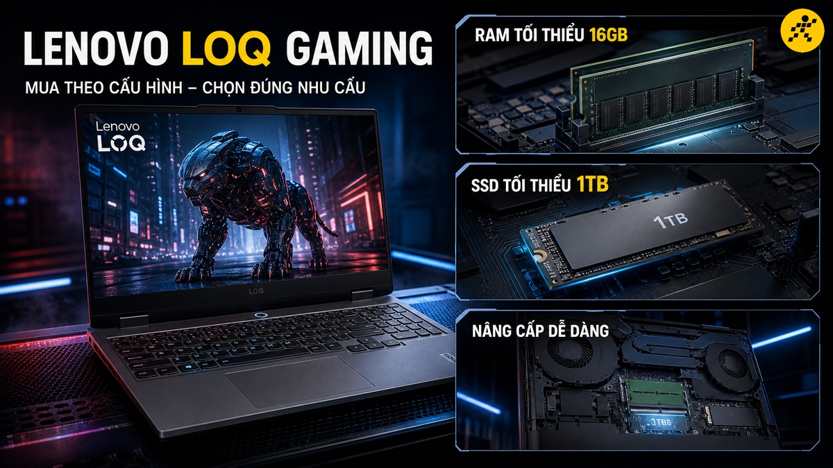 Laptop Lenovo LOQ Gaming mở góc nhìn thấy bàn phím và màn hình hiển thị báo cơ khí 3D. Cột bên phải hiển thị thanh RAM DDR5 tối thiểu 16GB, ổ cứng SSD NVMe tối thiểu 1TB và bo mạch bên trong cho thấy khả năng nâng cấp linh hoạt với 2 khe RAM và khe cắm SSD M.2 mở rộng.