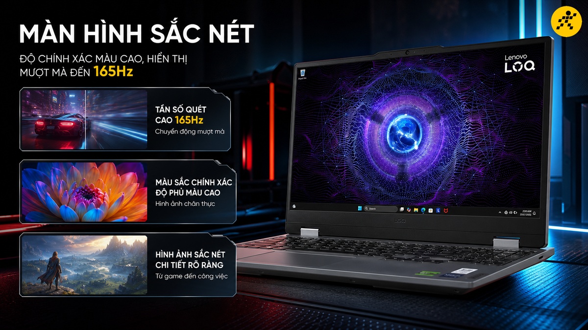 Màn hình viền mỏng của laptop Lenovo LOQ hiển thị đồ họa xoáy màu tím xanh trên nền Windows 11. Các khung tính năng bên trái làm nổi bật tần số quét cao lên đến 165Hz cho chuyển động mượt mà, màu sắc chuẩn xác với độ phủ màu sRGB cao và độ sắc nét chi tiết từ chơi game đến làm việc.