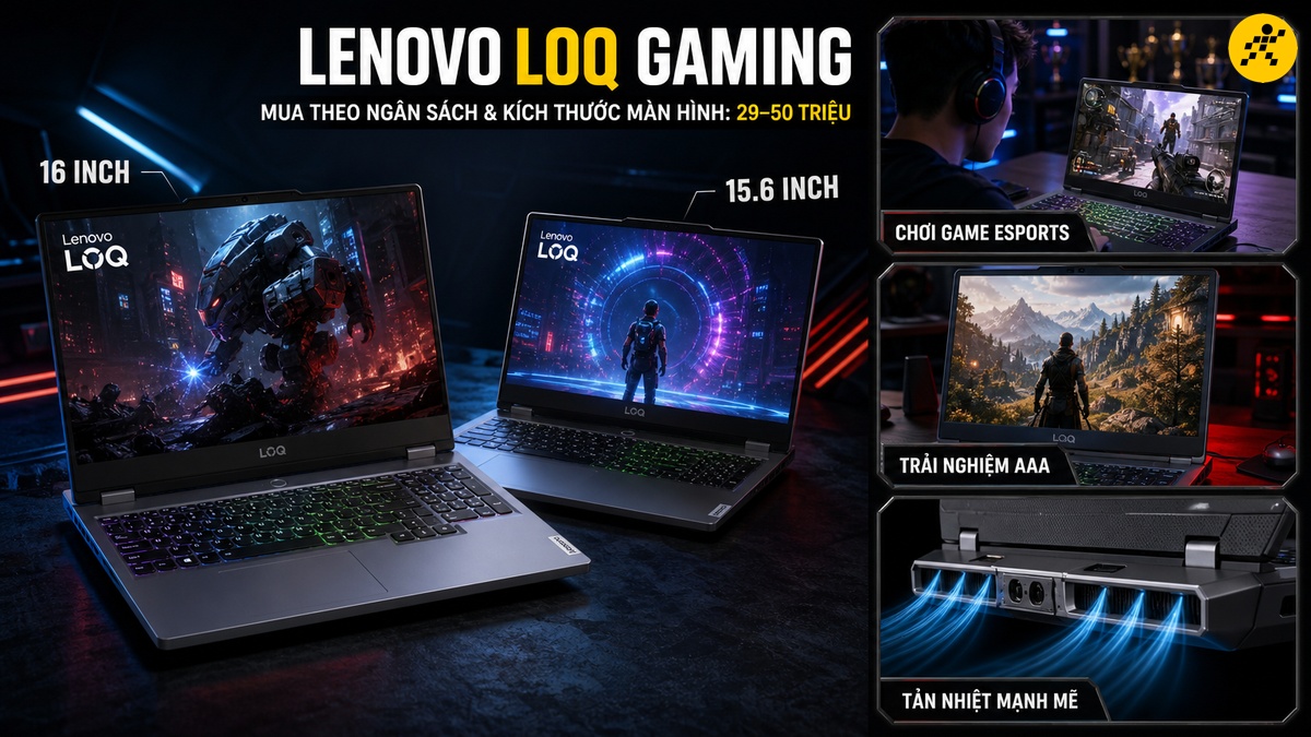 Hai mẫu laptop Lenovo LOQ kích thước 16 inch và 15.6 inch đặt cạnh nhau trên bàn gaming. Cột bên phải thể hiện các nhu cầu chơi game Esports, trải nghiệm game bom tấn AAA và khe tản nhiệt phía sau hoạt động mạnh mẽ.