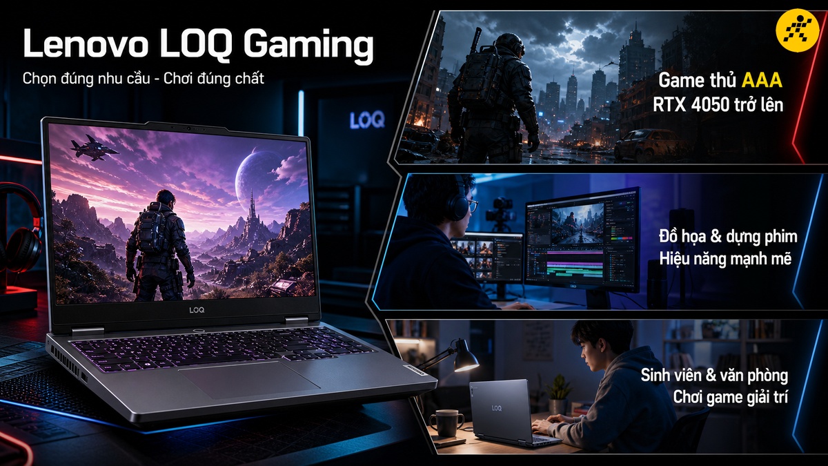 Laptop Lenovo LOQ hiển thị cảnh game thám hiểm vũ trụ với bàn phím LED phát sáng. Ba khung bên phải thể hiện rõ các đối tượng người dùng: game thủ chiến game AAA với RTX 4050 trở lên, chuyên viên đồ họa dựng phim cần hiệu năng mạnh mẽ, và sinh viên kết hợp học tập văn phòng với chơi game giải trí.