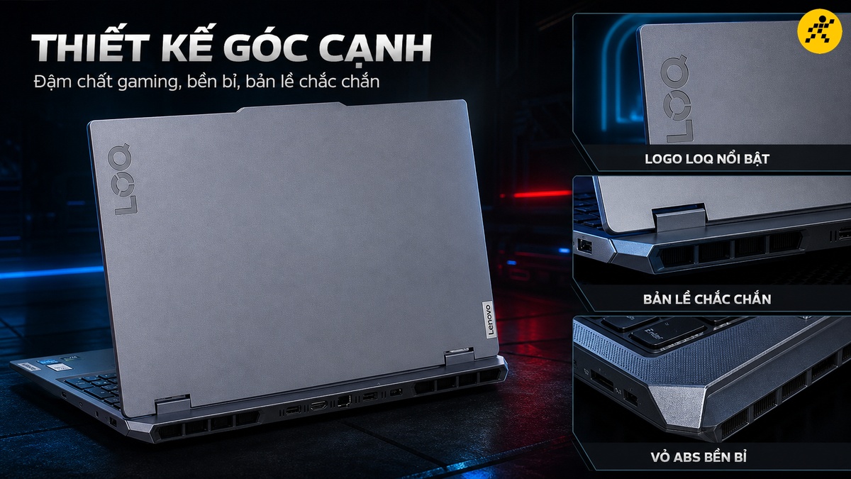Mặt lưng laptop Lenovo LOQ màu xám bão mờ với logo LOQ nổi bật và logo Lenovo ở góc máy. Ba khung phóng to bên phải làm nổi bật logo LOQ khắc tinh xảo, bản lề đôi chắc chắn hỗ trợ góc mở linh hoạt và các góc cạnh thân máy từ chất liệu nhựa ABS bền bỉ.