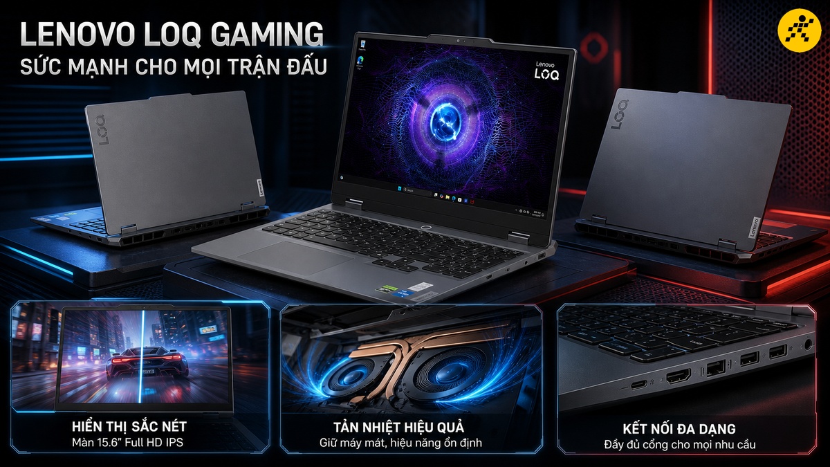 Ba chiếc laptop gaming Lenovo LOQ màu xám đặt trên bàn công nghệ với đèn neon đỏ xanh. Chiếc máy ở giữa đang mở màn hình hiển thị đồ họa xoáy màu tím và giao diện Windows 11, hai máy hai bên quay mặt lưng hiển thị logo LOQ. Ba khung bên dưới làm nổi bật màn hình 15.6 inch sắc nét, tản nhiệt hiệu quả và kết nối đa dạng.