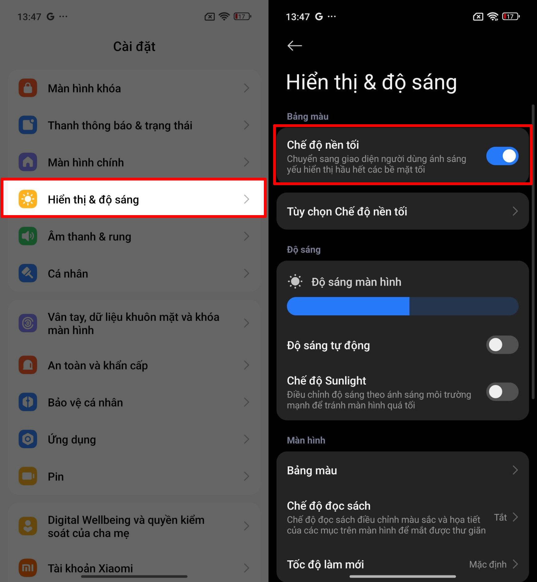 Cách bật chế độ tối trên Redmi 15