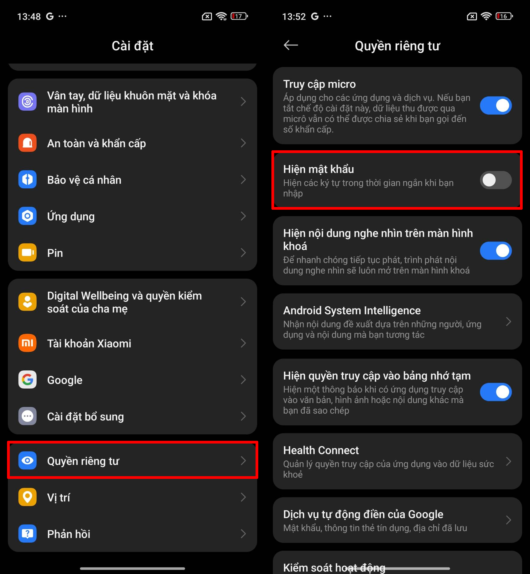 Cách tắt hiển thị mật khẩu khi nhập trên Redmi 15