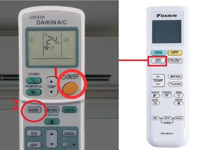 Chọn chế độ Dry trên remote