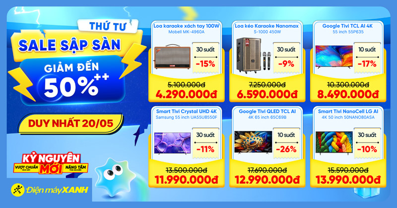 Thứ 4 Sale Sập S&agrave;n tại Điện m&aacute;y XANH - giảm đến 50%, deal sốc, minigame tr&uacute;ng phiếu mua h&agrave;ng
