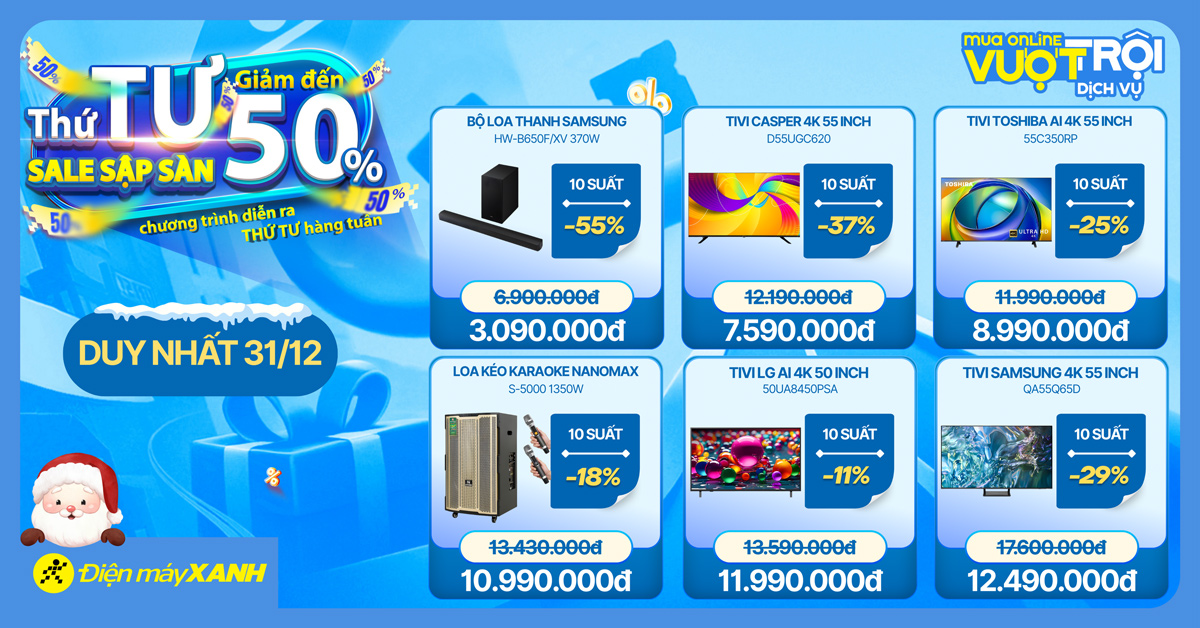 Thứ 4 Sale Sập S&agrave;n tại Điện m&aacute;y XANH - giảm đến 50%, deal sốc, minigame tr&uacute;ng phiếu mua h&agrave;ng
