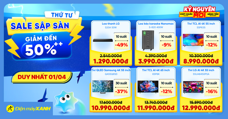 Thứ 4 Sale Sập S&agrave;n tại Điện m&aacute;y XANH - giảm đến 50%, deal sốc, minigame tr&uacute;ng phiếu mua h&agrave;ng