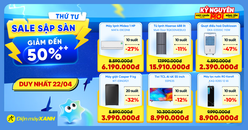 Thứ 4 Sale Sập S&agrave;n tại Điện m&aacute;y XANH - giảm đến 50%, deal sốc, minigame tr&uacute;ng phiếu mua h&agrave;ng