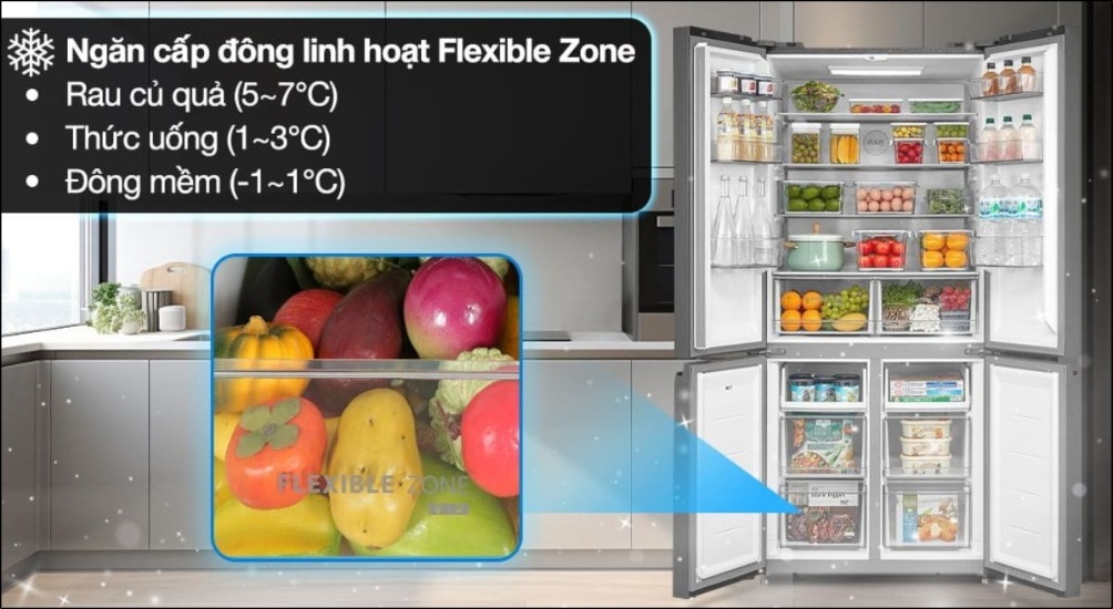 Ngăn linh hoạt Flexible Zone còn cho phép tùy chỉnh nhiệt độ và độ ẩm với ba chế độ được cài đặt sẵn
