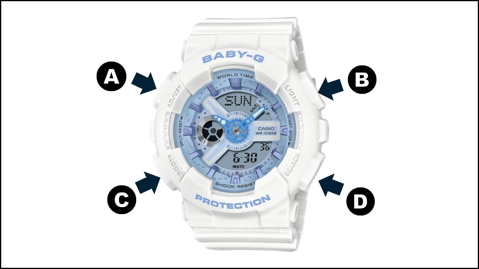 4 nút vật lý trên đồng hồ Baby-G BA-110XBE-7ADR 4 nút vật lý trên đồng hồ Baby-G BA-110XBE-7ADR