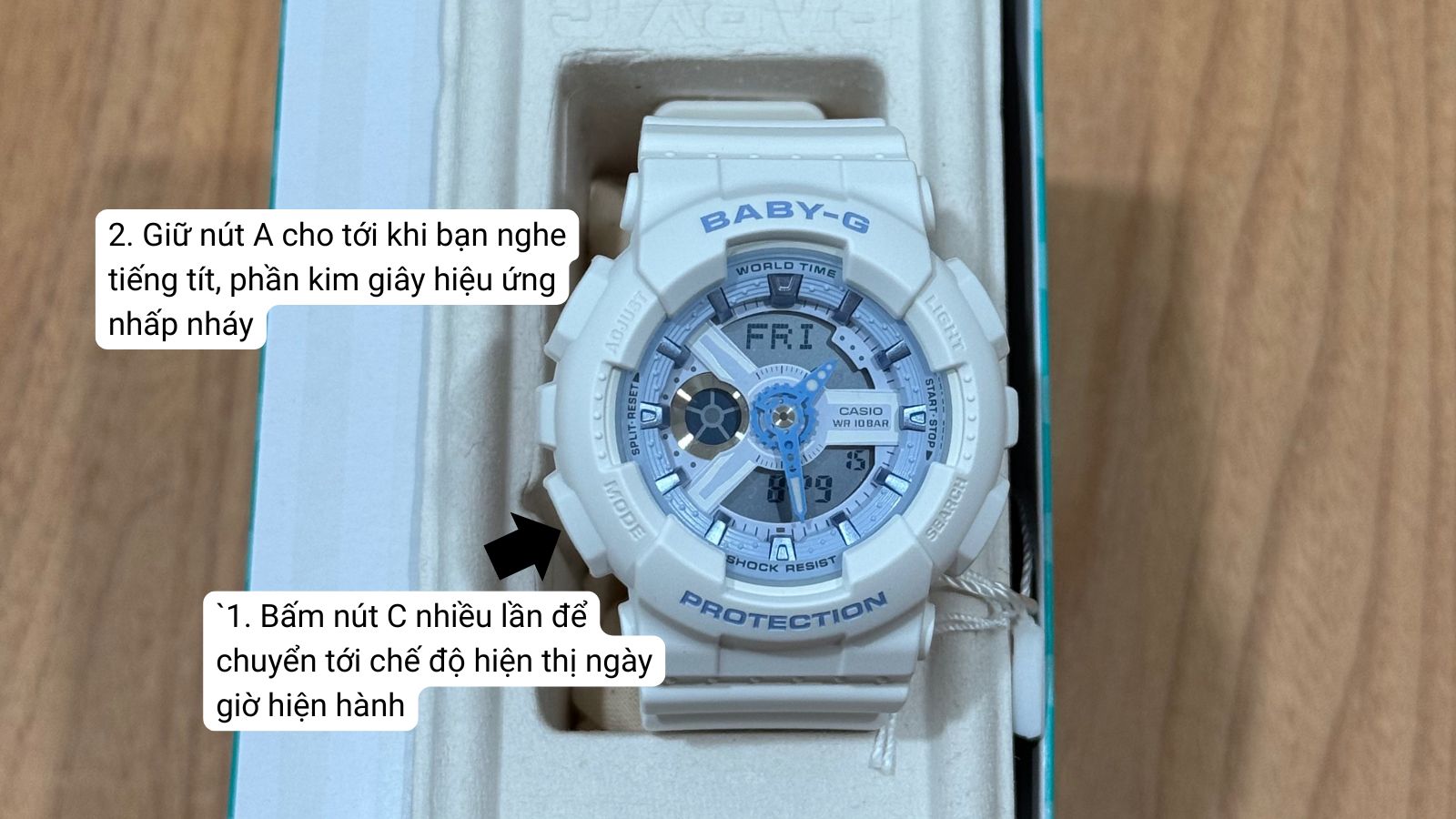 Bước 1: Giữ nút A cho đến khi nghe tiếng bíp để vào chế độ chỉnh giờ Bước 1: Giữ nút A cho đến khi nghe tiếng bíp để vào chế độ chỉnh giờ