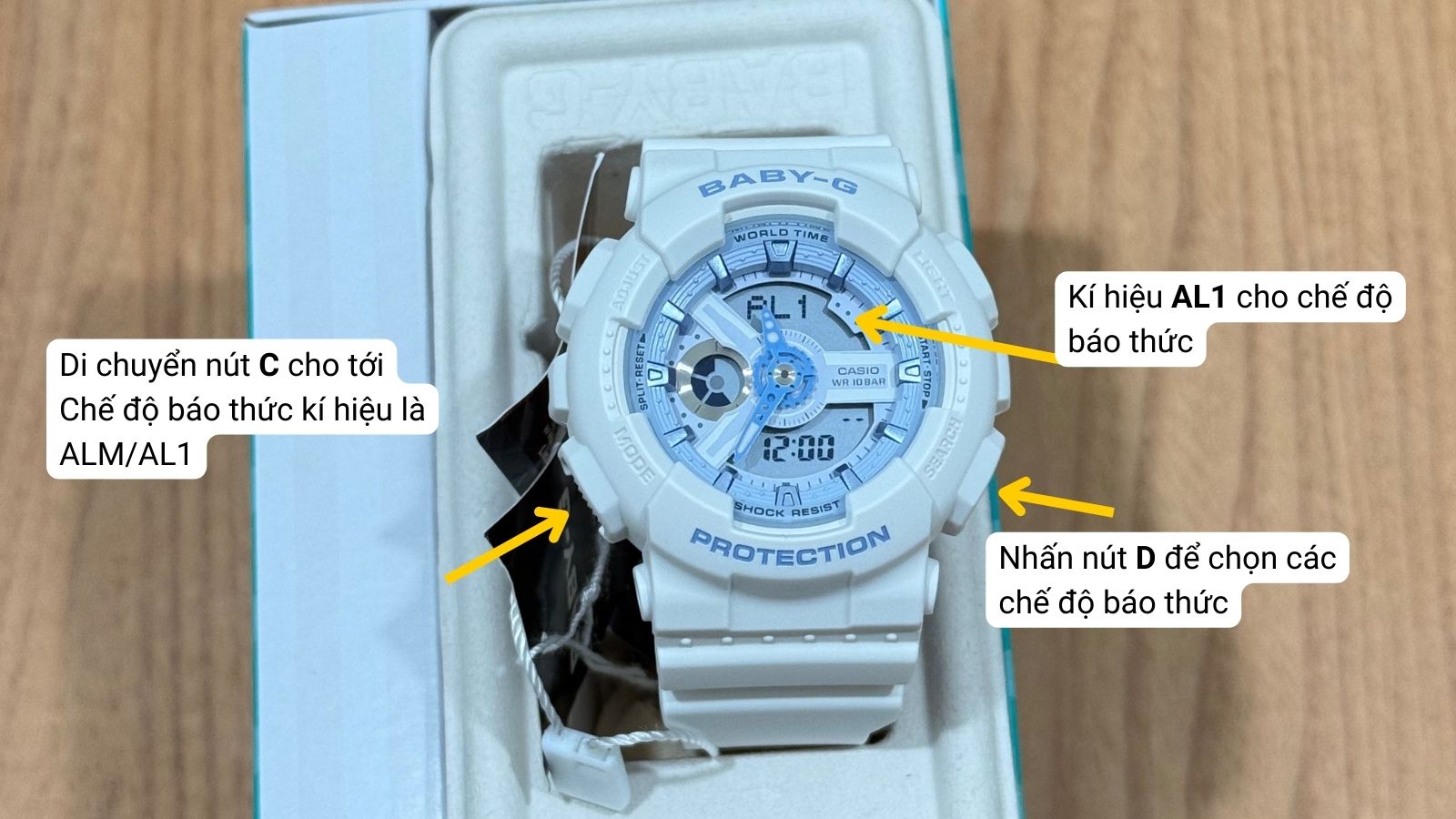 Di chuyển nút C tìm tới chế độ báo thức kí hiệu ALM hoặc AL1 Di chuyển nút C tìm tới chế độ báo thức kí hiệu ALM hoặc AL1