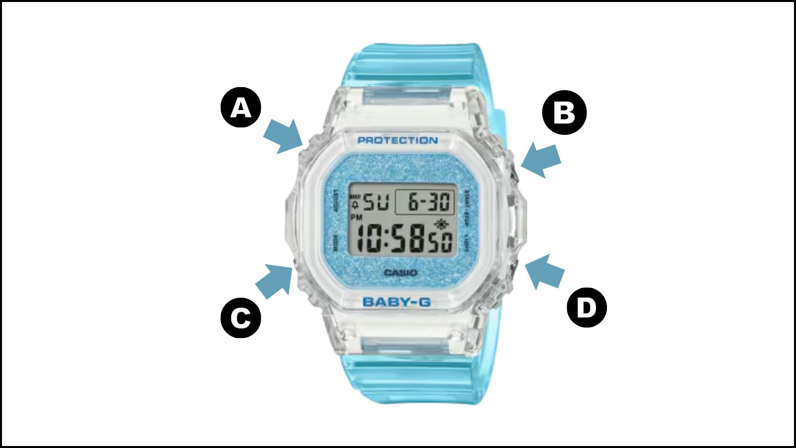 C&aacute;c n&uacute;t điều chỉnh tr&ecirc;n đồng hồ Baby-G BGD-565GC-2DR