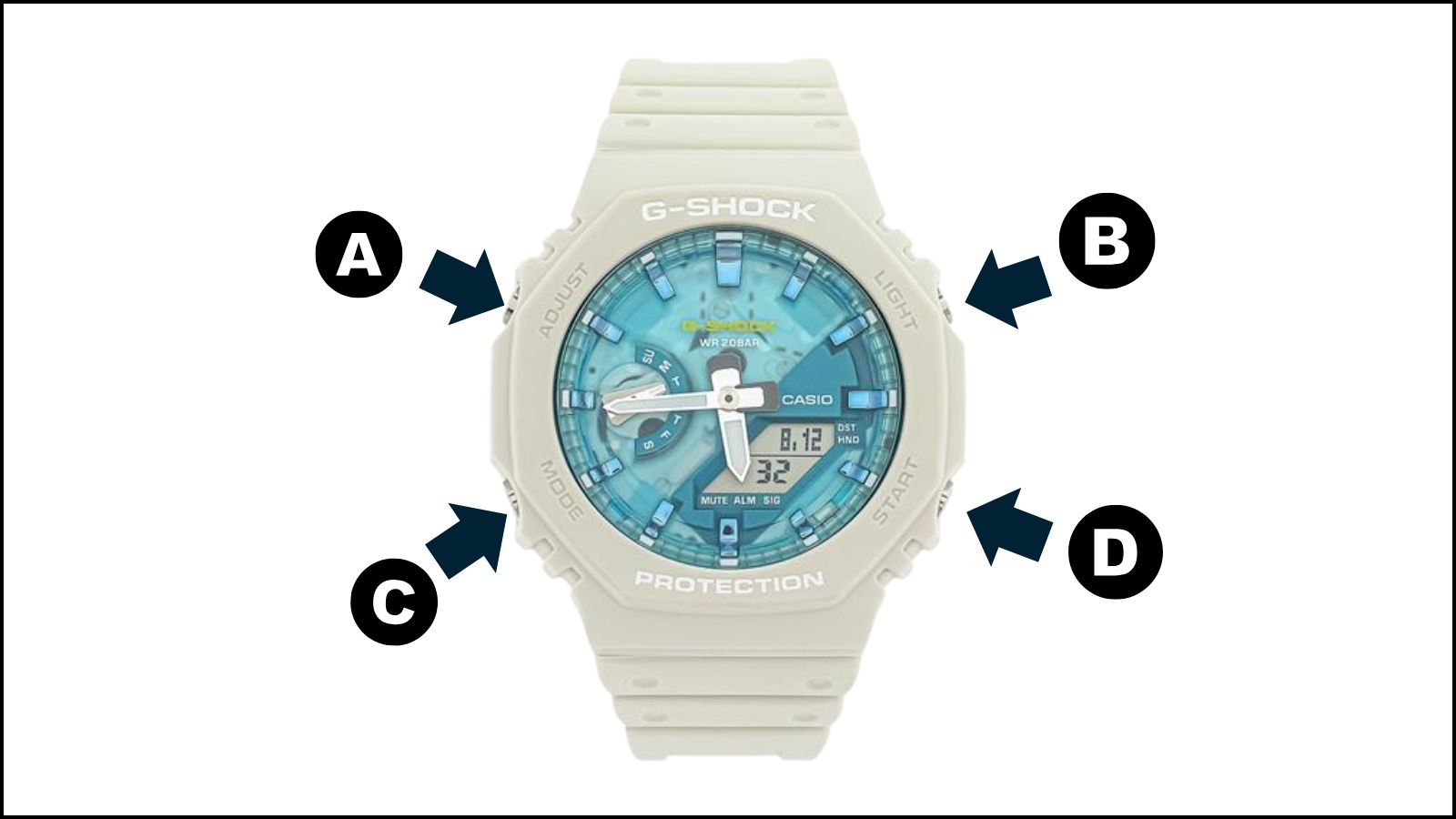 C&aacute;c n&uacute;t chức năng tr&ecirc;n đồng hồ G-Shock GA-2100AS-5ADR