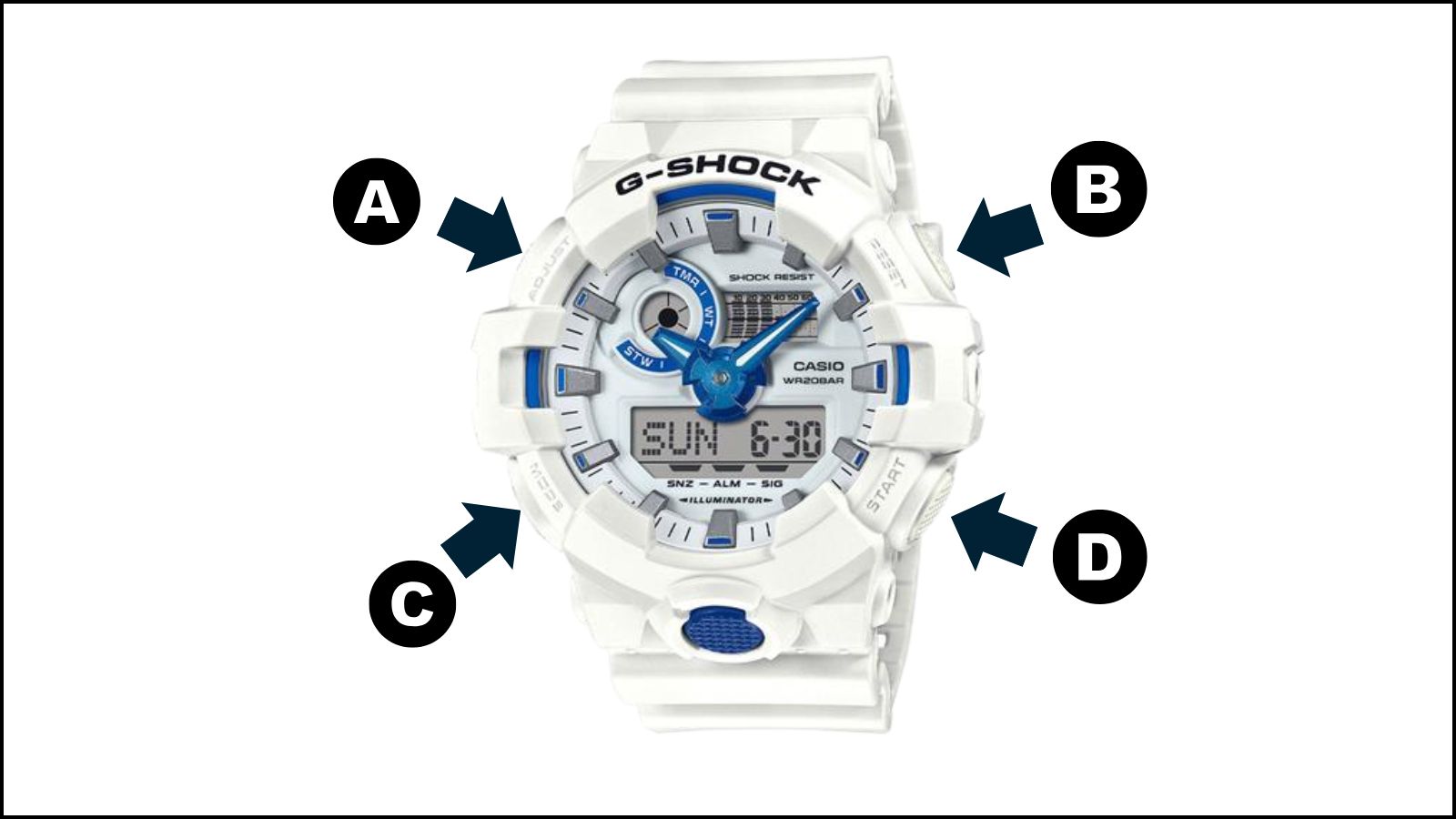 Các nút vật lý trên đồng hồ G-Shock GA-700HDS-7ADR Các nút vật lý trên đồng hồ G-Shock GA-700HDS-7ADR