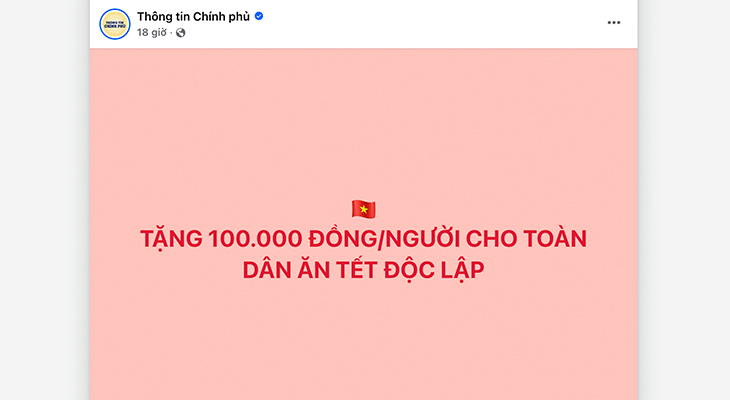Chính phủ thông báo tặng 100.000đ cho mỗi ngươi dân nhân dịp lễ 2/9
