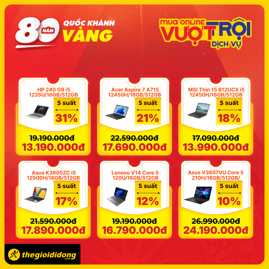 Mừng Tết Độc Lập - 80 Năm Rực Rỡ: Săn Deal Công Nghệ Giảm Sốc Đến 50% Mừng Tết Độc Lập - 80 Năm Rực Rỡ: Săn Deal Công Nghệ Giảm Sốc Đến 50%
