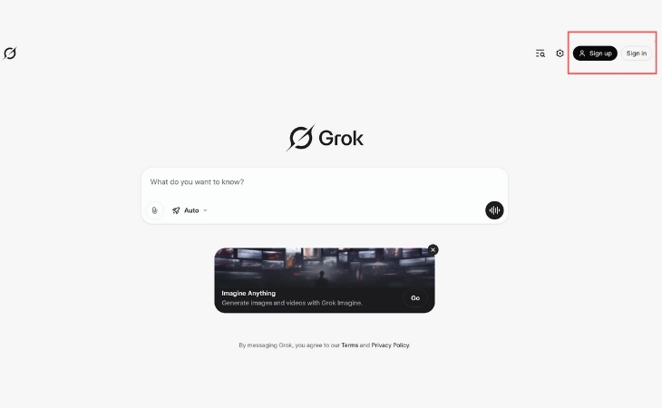 Giao diện trang chủ Grok AI