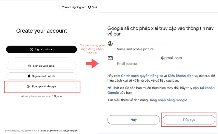 Đăng ký tài khoản Grok bằng tài khoản Google