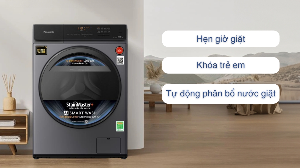 Máy giặt Panasonic Inverter 11.5 kg NA-V115FA1LV trang bị các tiện ích: vệ sinh lồng giặt, khóa trẻ em, hẹn giờ giặt, xả tăng cường, đáp ứng mọi nhu cầu gia đình