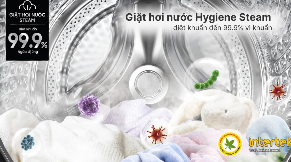 Samsung Hygiene Steam phun hơi từ dưới lồng giặt, loại bỏ cặn bẩn và diệt 99.9% vi khuẩn