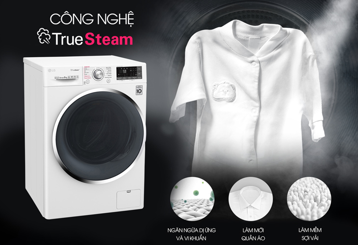 LG TrueSteam dùng hơi nước tinh khiết 100%, giúp giảm nhăn, khử mùi và diệt khuẩn hiệu quả