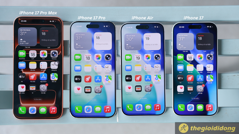 Hình ảnh thực tế tương quan kích thước màn hình của các phiên bản iPhone 17 Series