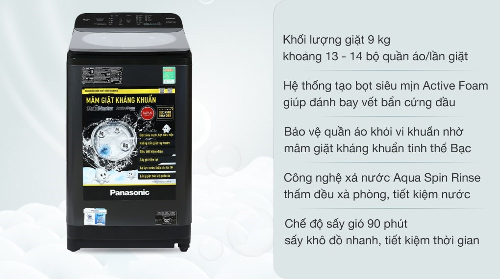 Máy giặt Panasonic 9 kg NA-F90A9BRV tích hợp lồng giặt Sazanami và công nghệ Active Foam