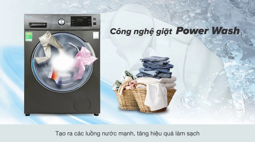 Power Wash hoạt động nhờ mâm giặt đa chiều, thác nước đôi và lồng giặt tối ưu giúp giặt sạch sâu