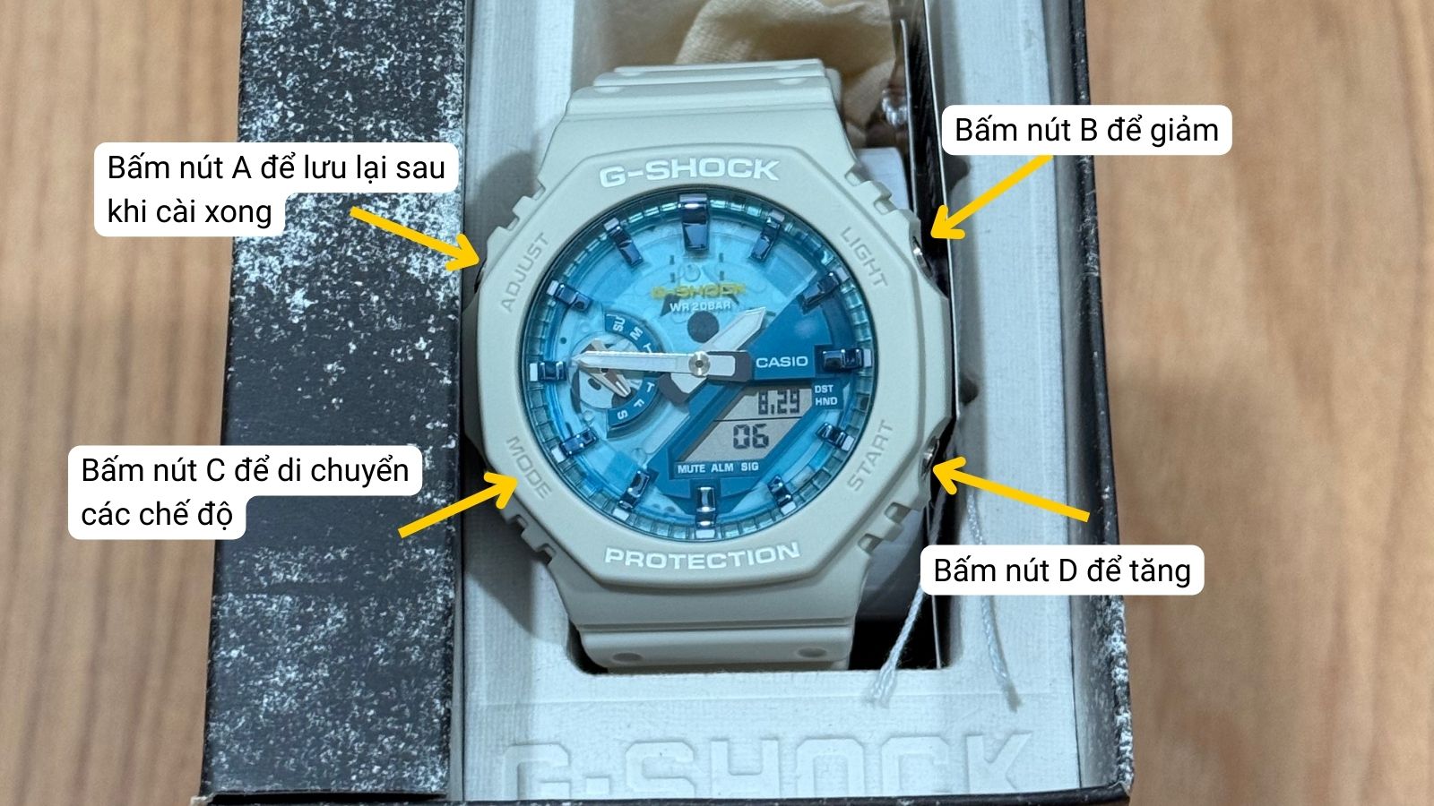 C&aacute;c thao t&aacute;c để chỉnh giờ đồng hồ G-Shock GA-110AS-5ADR