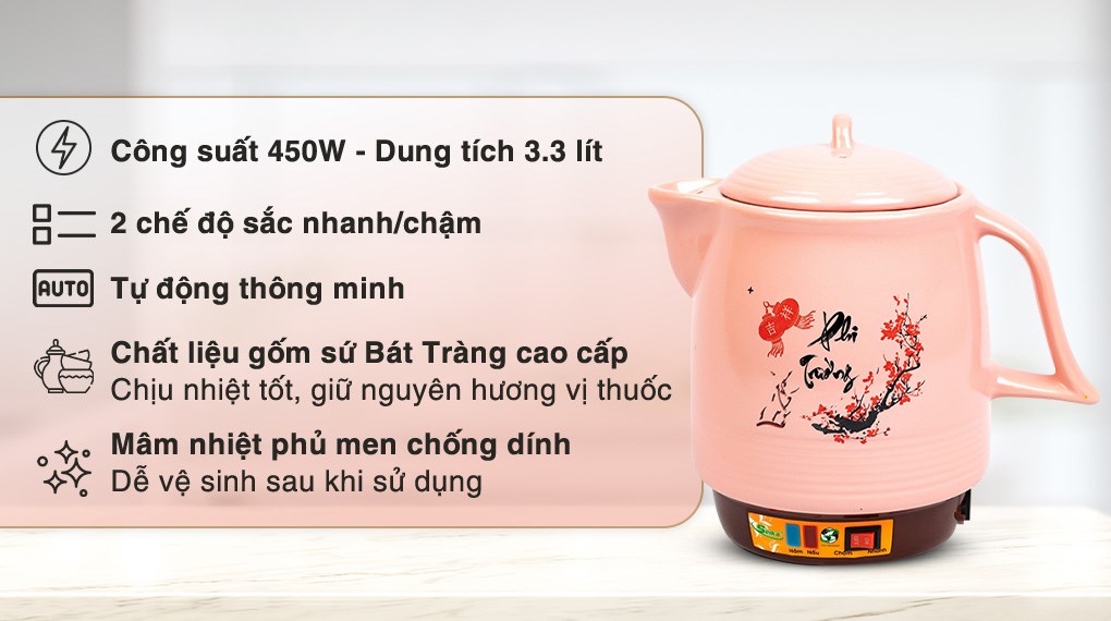 Siêu sắc thuốc điện Seika 3.3 lít SKS 373 màu hồng thiết kế gọn gàng