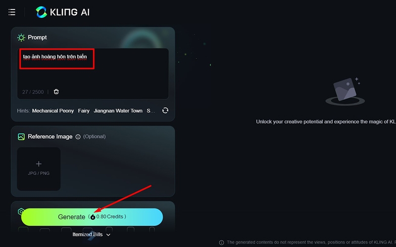 Tạo hình ảnh (Text-to-Image): Nhập nội dung mô tả hình ảnh > Chọn tỷ lệ > Nhấn Generate