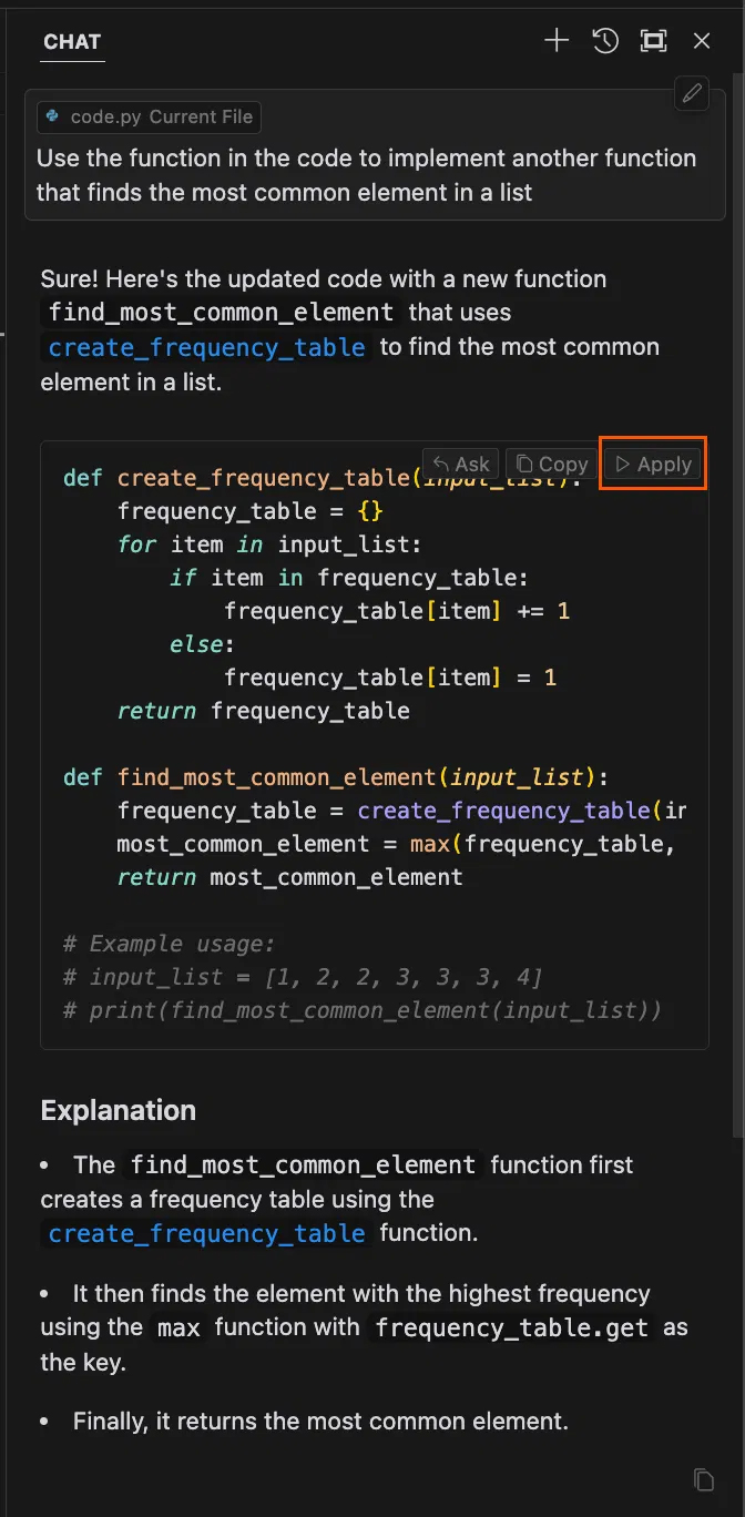 Cách sử dụng Cursor AI: Tạo code bằng trò chuyện - Tạo code và đặt câu hỏi > Thêm code vào