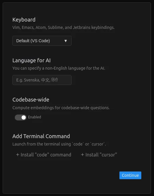 Màn hình cấu hình cài đặt  Cursor AI