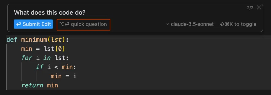 Cách sử dụng Cursor AI: Đặt câu hỏi về code - Chọn đoạn code > Nhấn tổ hợp phím > Chọn Quick Question
