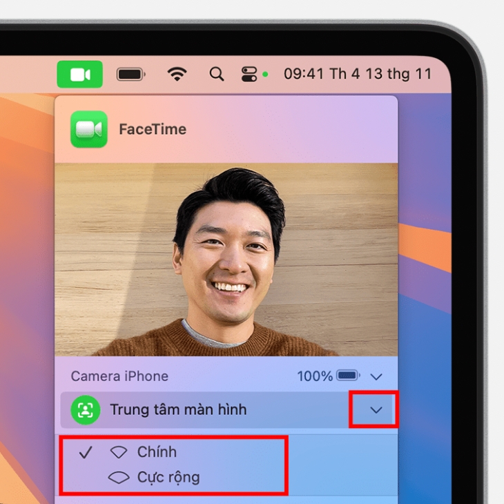 Bạn có thể chọn camera chính hoặc camera góc rộng khi dùng Center Stage Bạn có thể chọn camera chính hoặc camera góc rộng khi dùng Center Stage