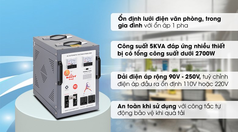 Ổn áp Robot 5KVA nhỏ gọn, tự động ổn định điện áp với động cơ Servo