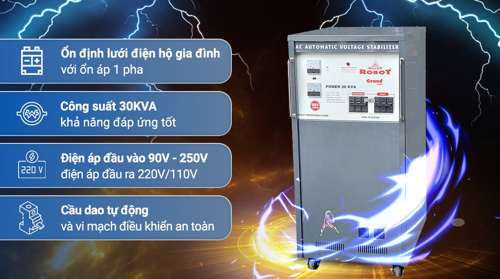 Ổn áp Robot 30KVA công suất lớn, dải điện áp rộng từ 90V – 250V