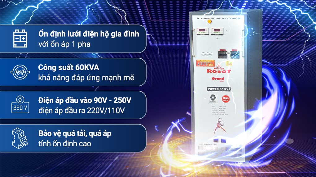 Ổn áp Robot 60KVA công suất lớn, an toàn với tính năng bảo vệ quá tải – ngắn mạch