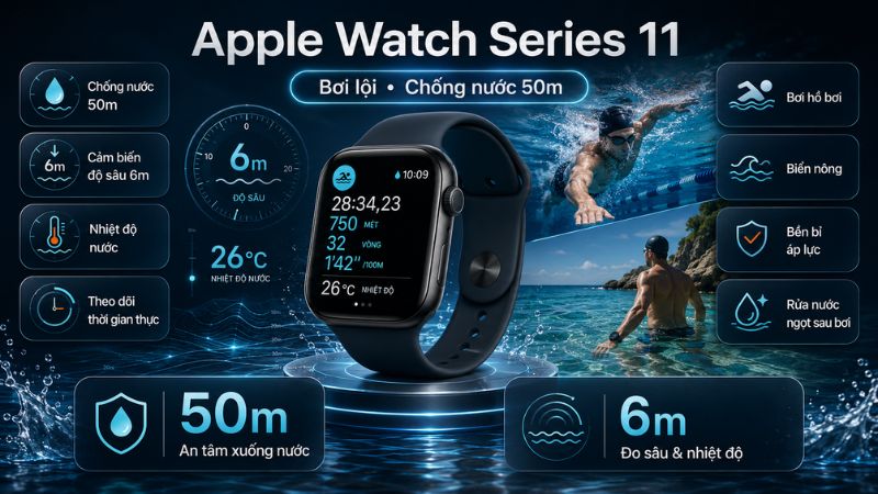 Apple Watch Series 11 ho tro boi loi, chong nuoc 50m va do do sau 6m Apple Watch Series 11 ho tro boi loi, chong nuoc 50m va do do sau 6m